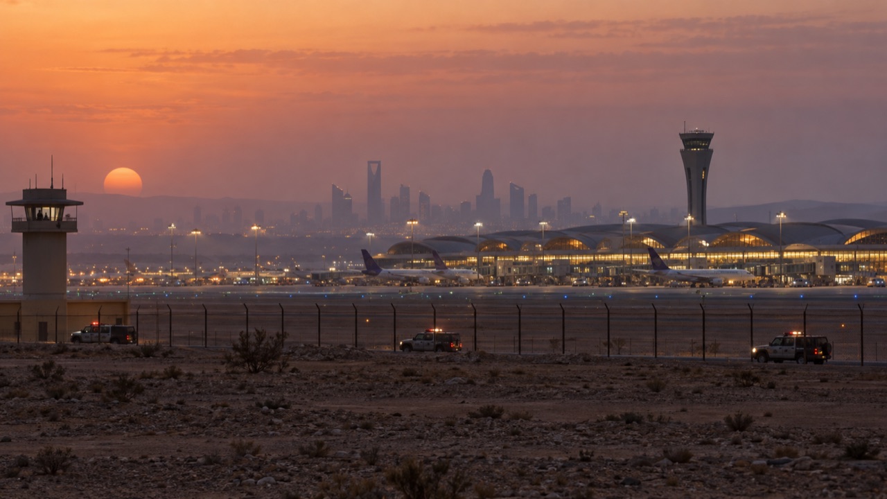 Riyadh airport perimeter at dusk; conceptual illustration, not a photograph of a forecast event