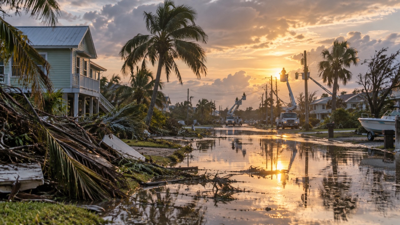 Utility crews in a flooded Florida coastal neighborhood; conceptual illustration, not a photograph of a forecast event