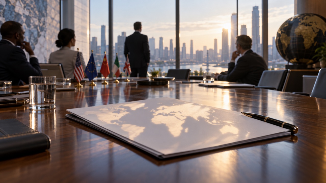 A global economics conference room with a blank forecast report; conceptual illustration, not a photograph of a forecast event