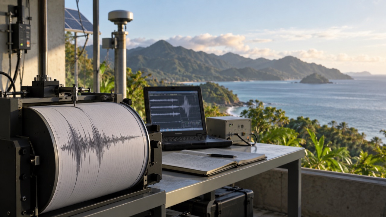 A seismograph monitoring station overlooking the Panama coast; conceptual illustration, not a photograph of a forecast event