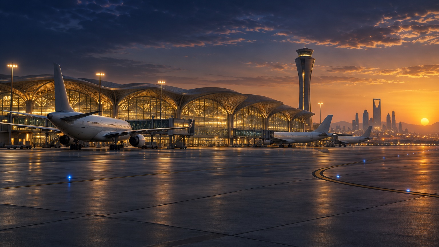 Airport apron and terminal at dusk; conceptual illustration, not a photograph of an actual attack