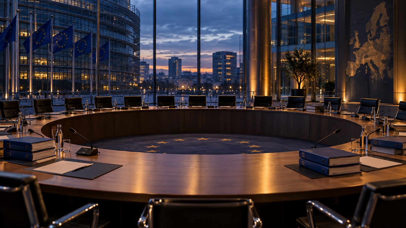 Empty circular EU negotiation table at dusk; concept illustration, not a record of a budget agreement