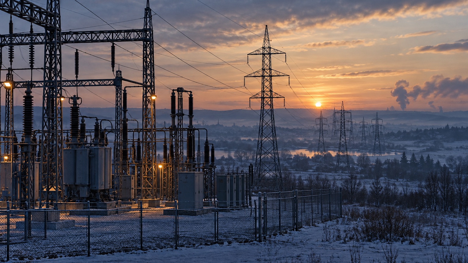 An electrical substation at dawn; conceptual illustration, not a photograph of a forecast event