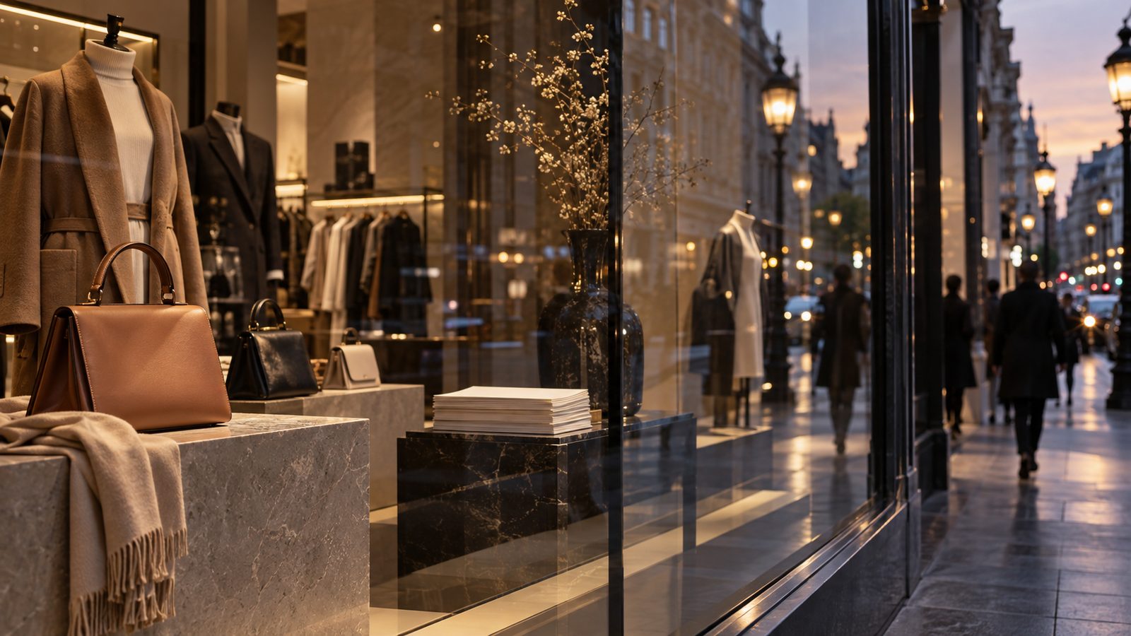Luxury fashion storefront at dusk with indistinct shoppers and no visible brand marks; conceptual image, not a record of quarterly sales