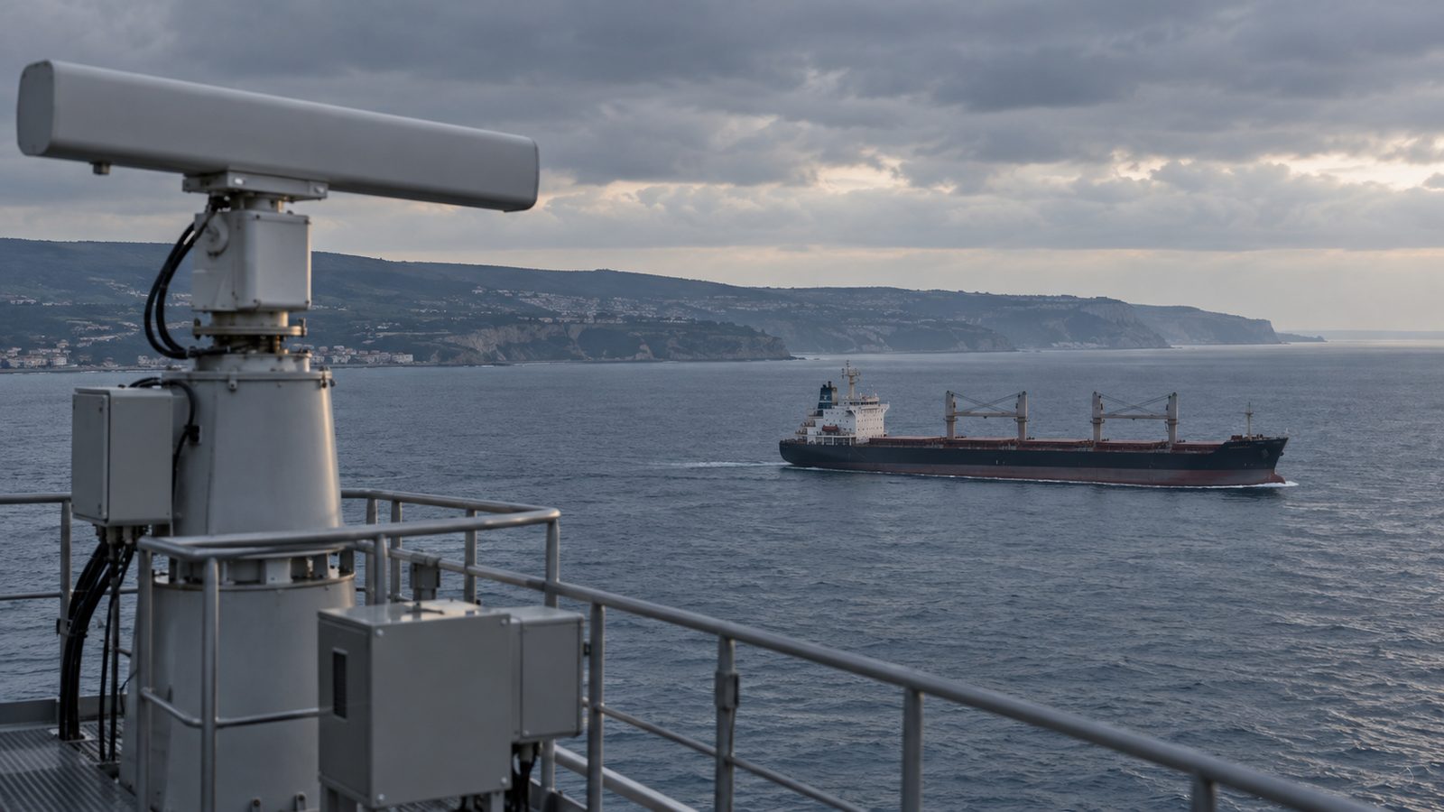 Merchant ship at sea beneath a muted sky, seen with an empty maritime operations desk in the foreground; conceptual image, not a photograph of an attack