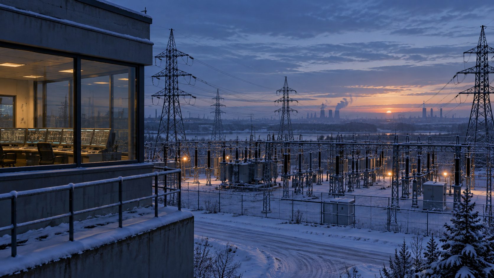 Snow-covered electrical substation seen through an empty control room at dusk; conceptual image, not a photograph of a forecast event