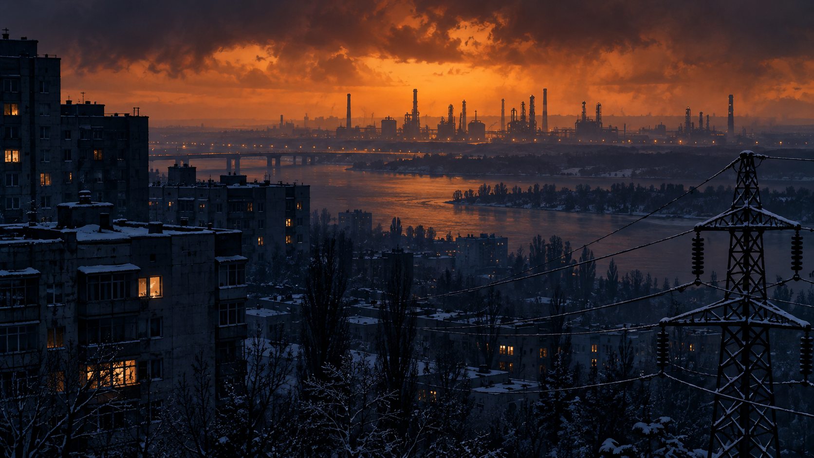 Concept illustration of a dark winter city and distant refinery; not a photograph of a strike