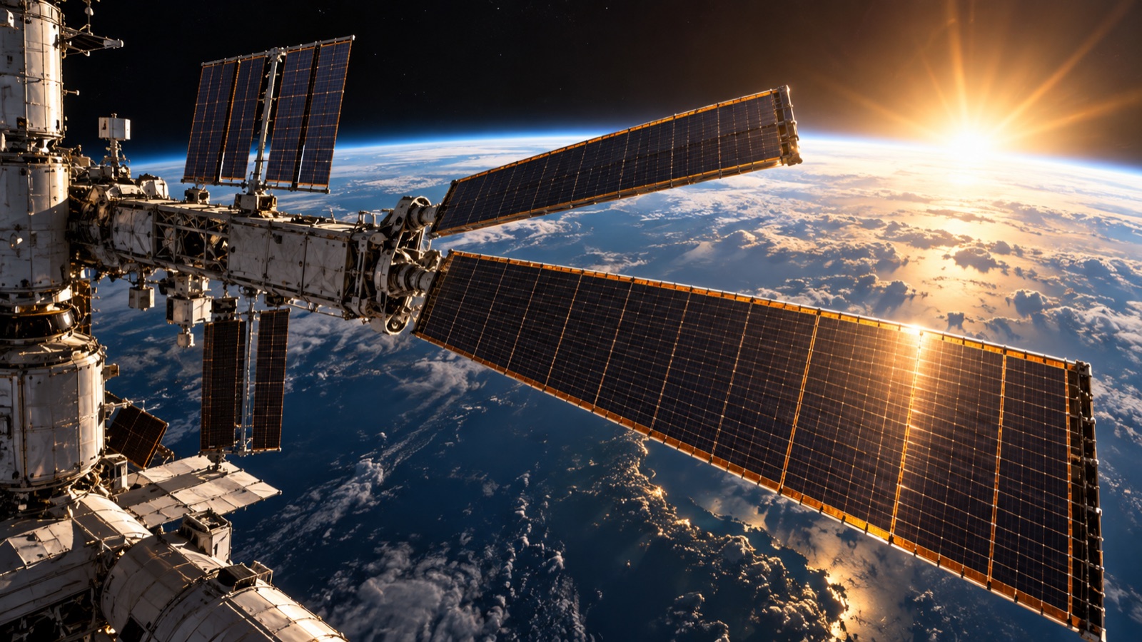 Concept illustration of ISS solar wings unfurling above Earth, not a photograph of a completed spacewalk
