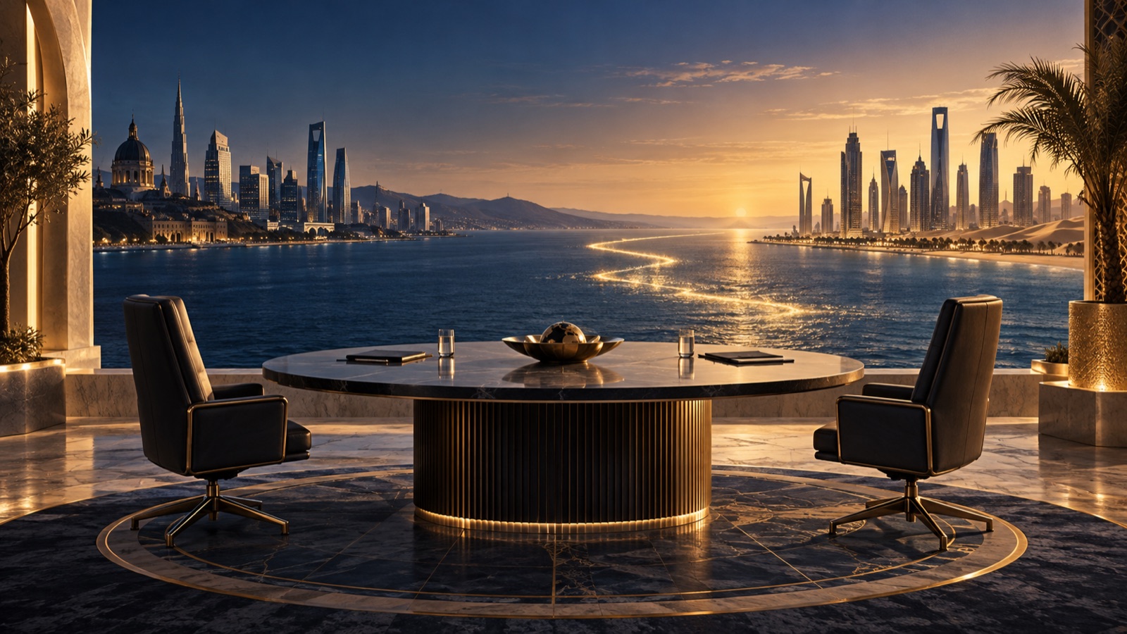 Concept illustration of an empty EU–Gulf summit table beside a luminous sea route