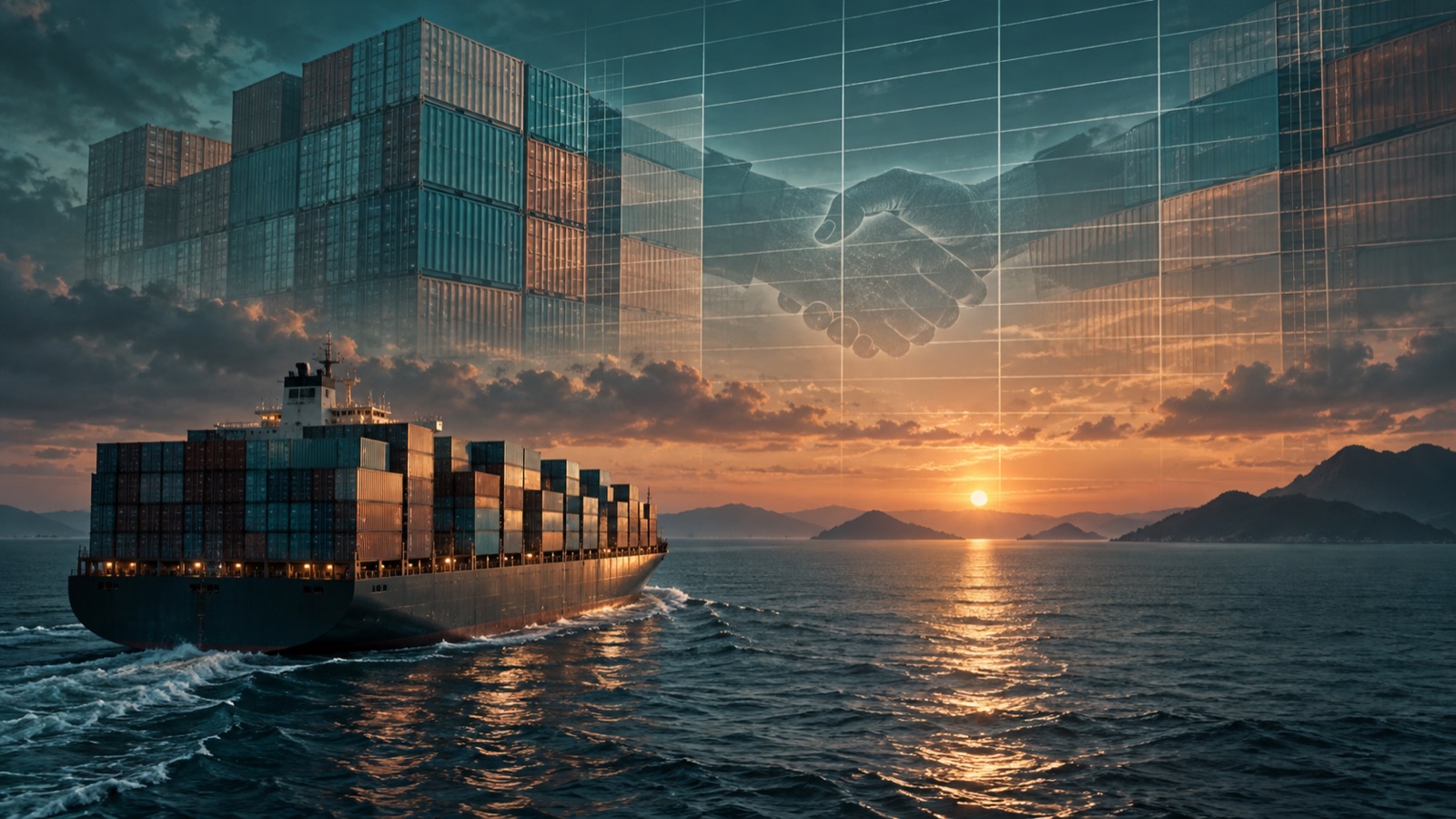 Concept artwork of a Pacific cargo ship and translucent customs ledger, not a photograph of a tariff decision