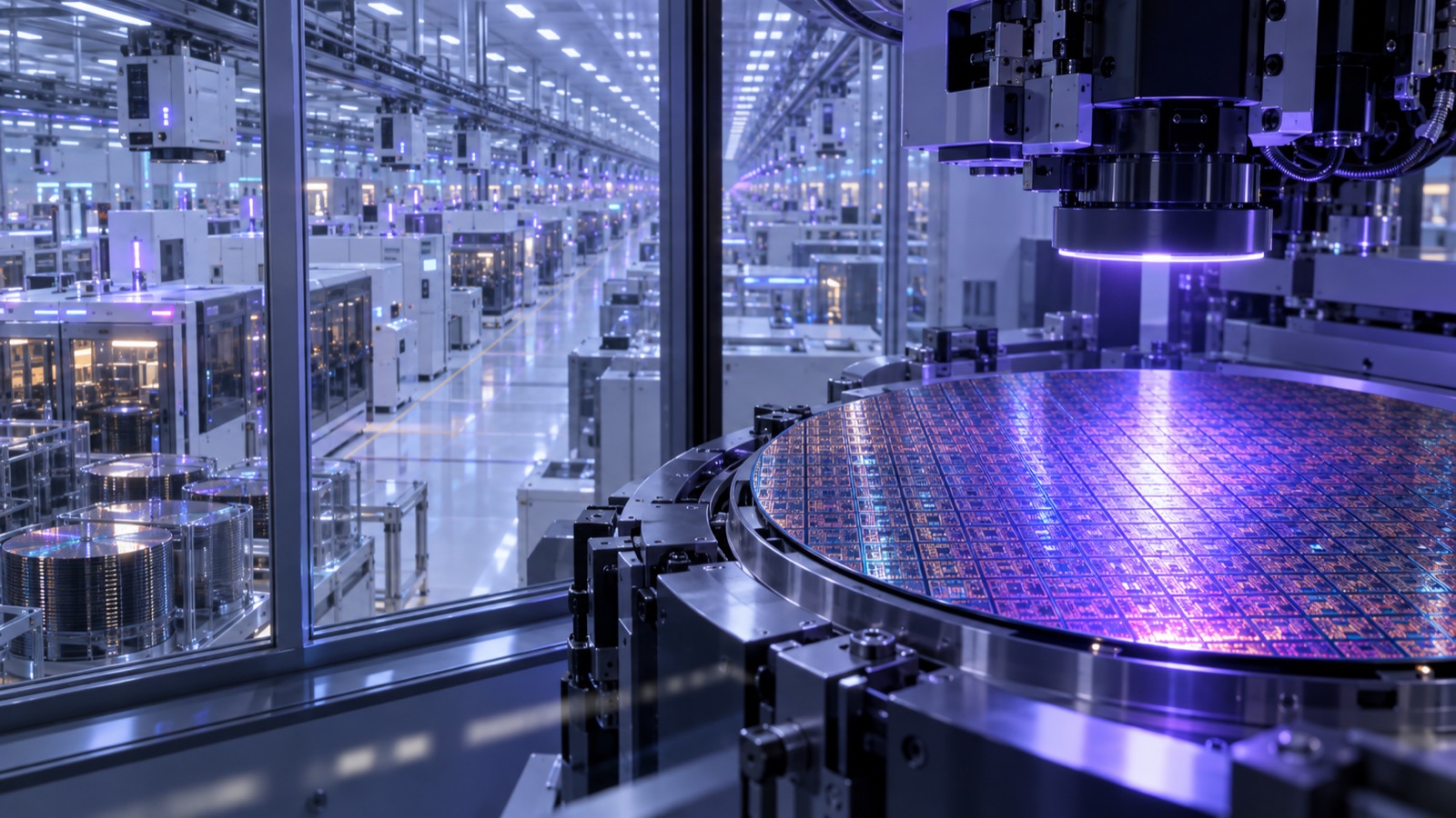 Concept illustration of a semiconductor wafer in a cleanroom, not a documentary photograph