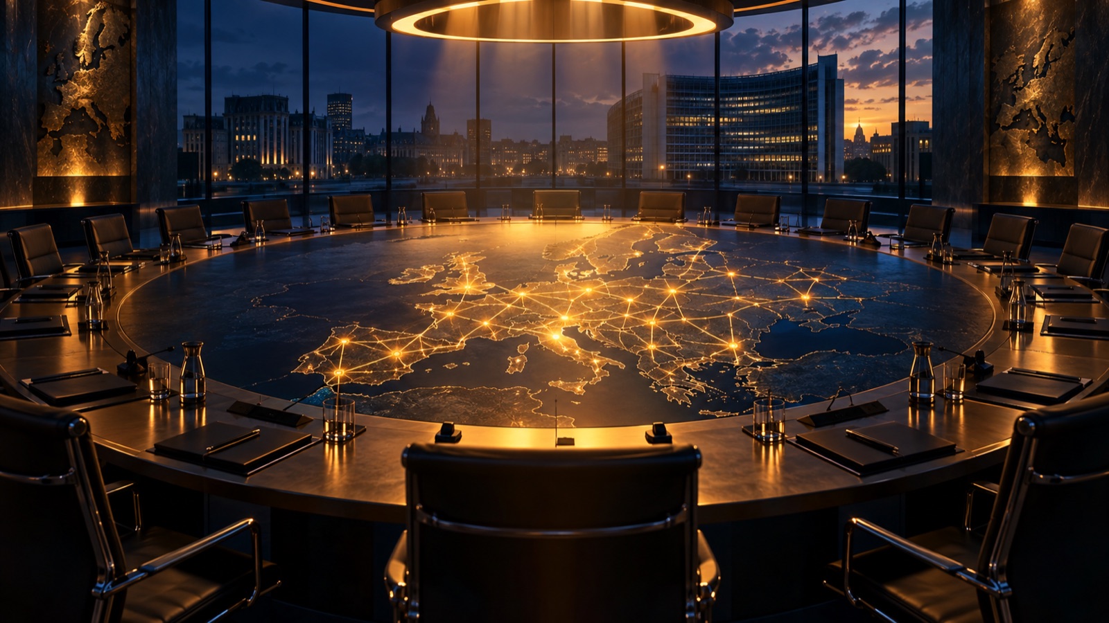 Concept artwork of an empty European summit chamber and a glowing power grid, not a photograph of an adopted policy