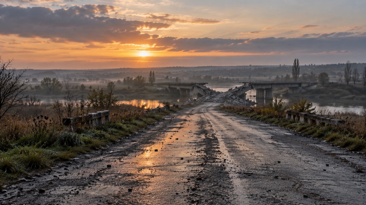A quiet damaged bridge in Ukraine at daybreak; conceptual illustration, not a photograph of a forecast event