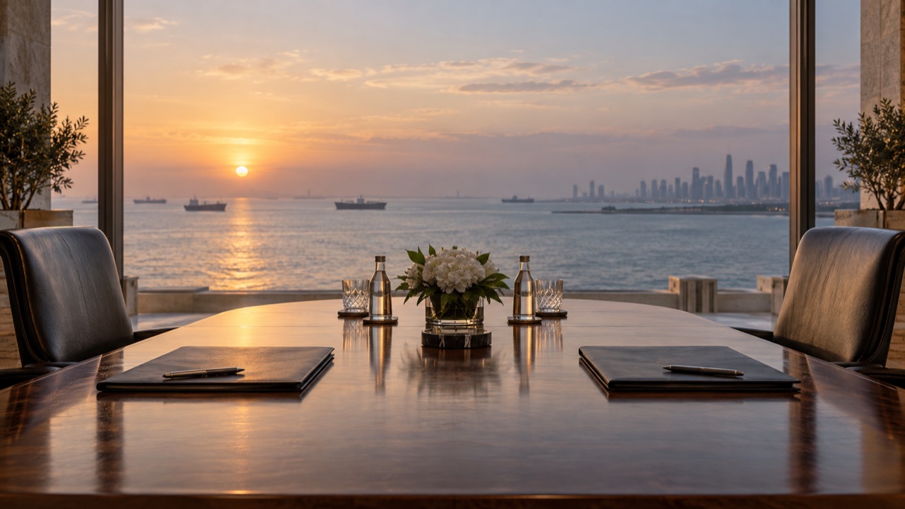 An empty Gulf diplomatic meeting table; conceptual illustration, not a photograph of a forecast event