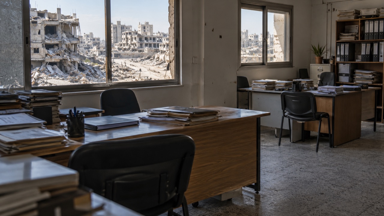 A municipal office in Gaza; conceptual illustration, not a photograph of a forecast event
