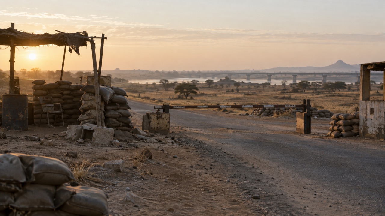 A quiet checkpoint in South Sudan; conceptual illustration, not a photograph of a forecast event
