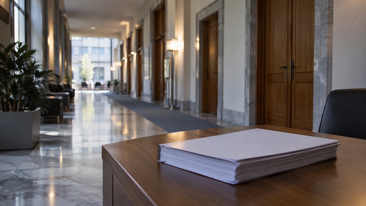 A sanctions dossier in a European government office; conceptual illustration, not a photograph of a forecast event