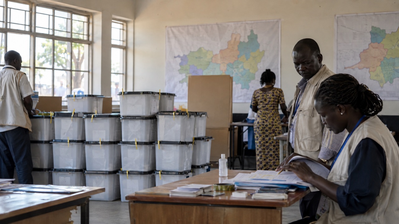 Election workers preparing ballot materials in South Sudan; conceptual illustration, not a photograph of a forecast event