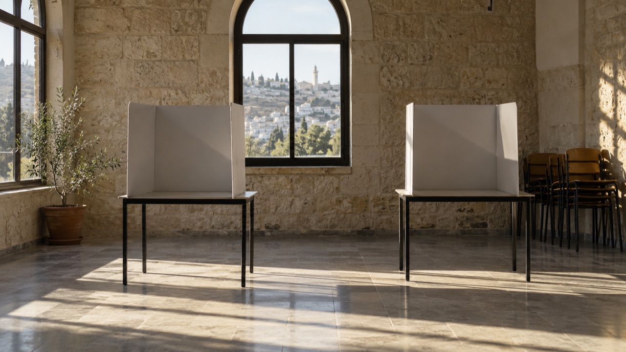 An empty polling place in the Palestinian territories; conceptual illustration, not a photograph of a forecast event