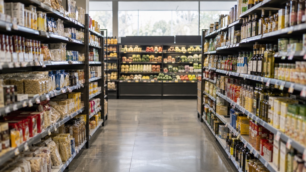 A supermarket aisle representing US inflation; conceptual illustration, not a photograph of a forecast event