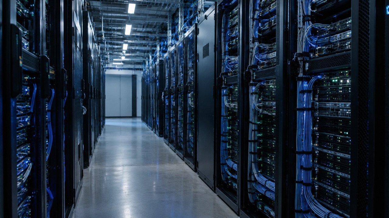 Blue-lit AI server racks; conceptual illustration, not a photograph of a forecast event