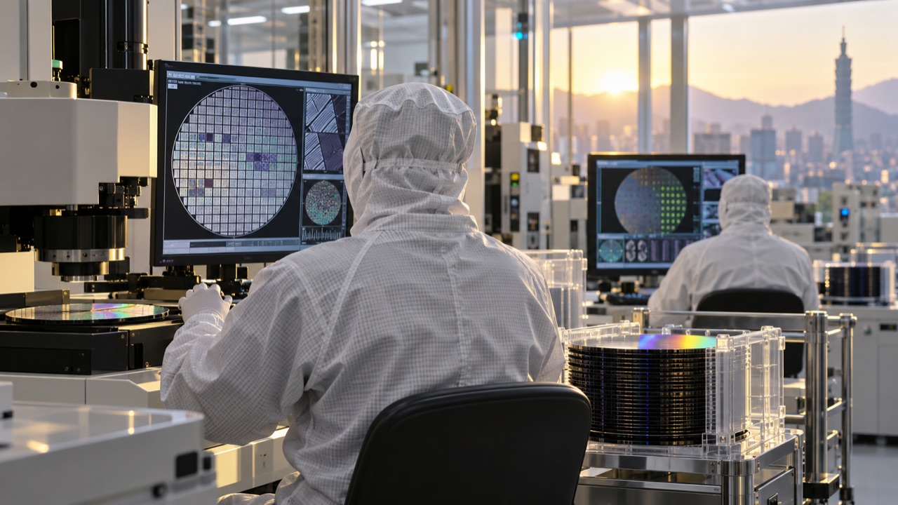 Taiwanese semiconductor workers inspecting wafers in a cleanroom; conceptual illustration, not a photograph of a forecast event