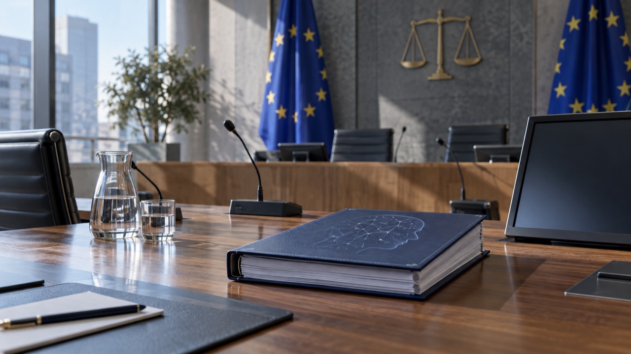 An empty European AI regulatory hearing table; conceptual illustration, not a photograph of a forecast event