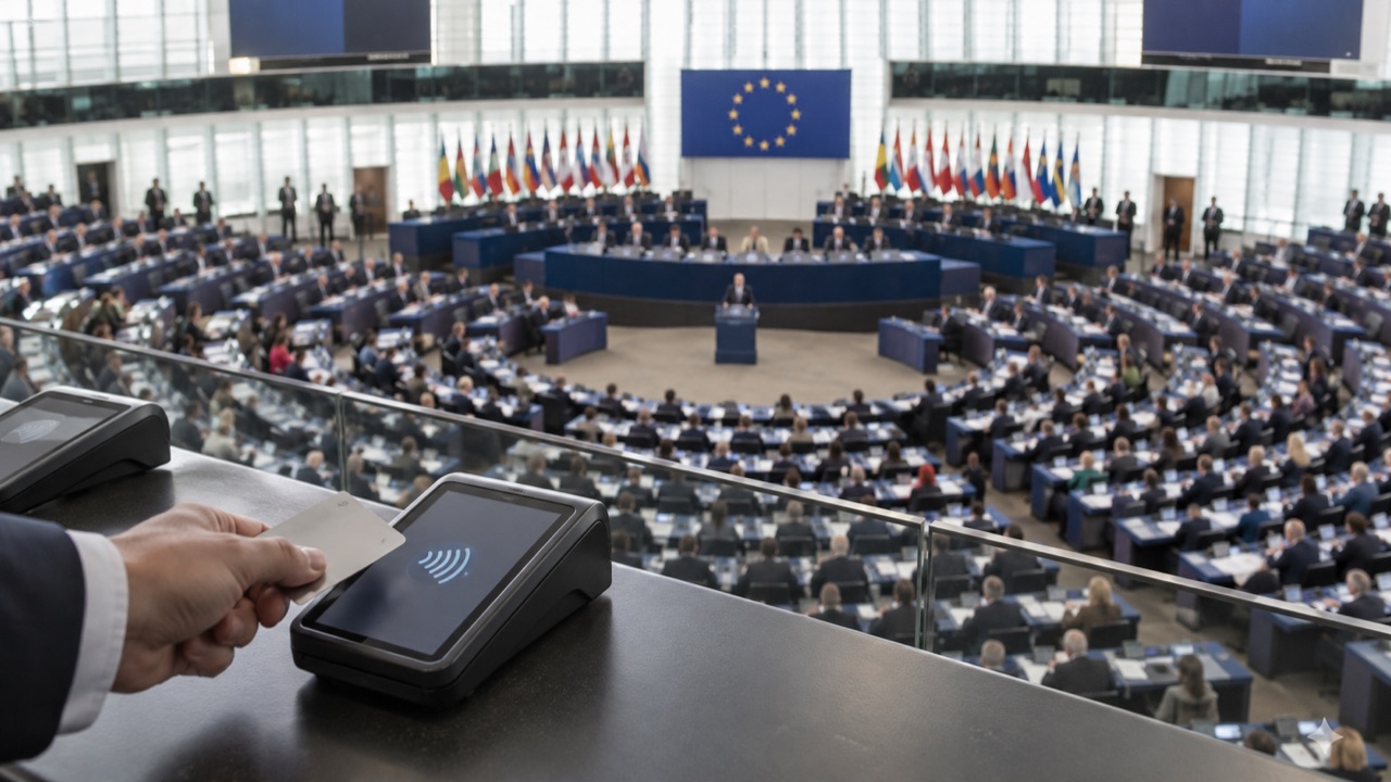 A payment terminal overlooking the European Parliament; conceptual illustration, not a photograph of a forecast event