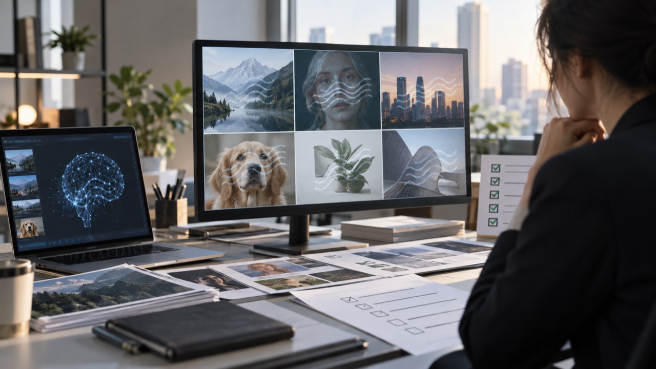 A software office reviewing AI-generated content; conceptual illustration, not a photograph of a forecast event
