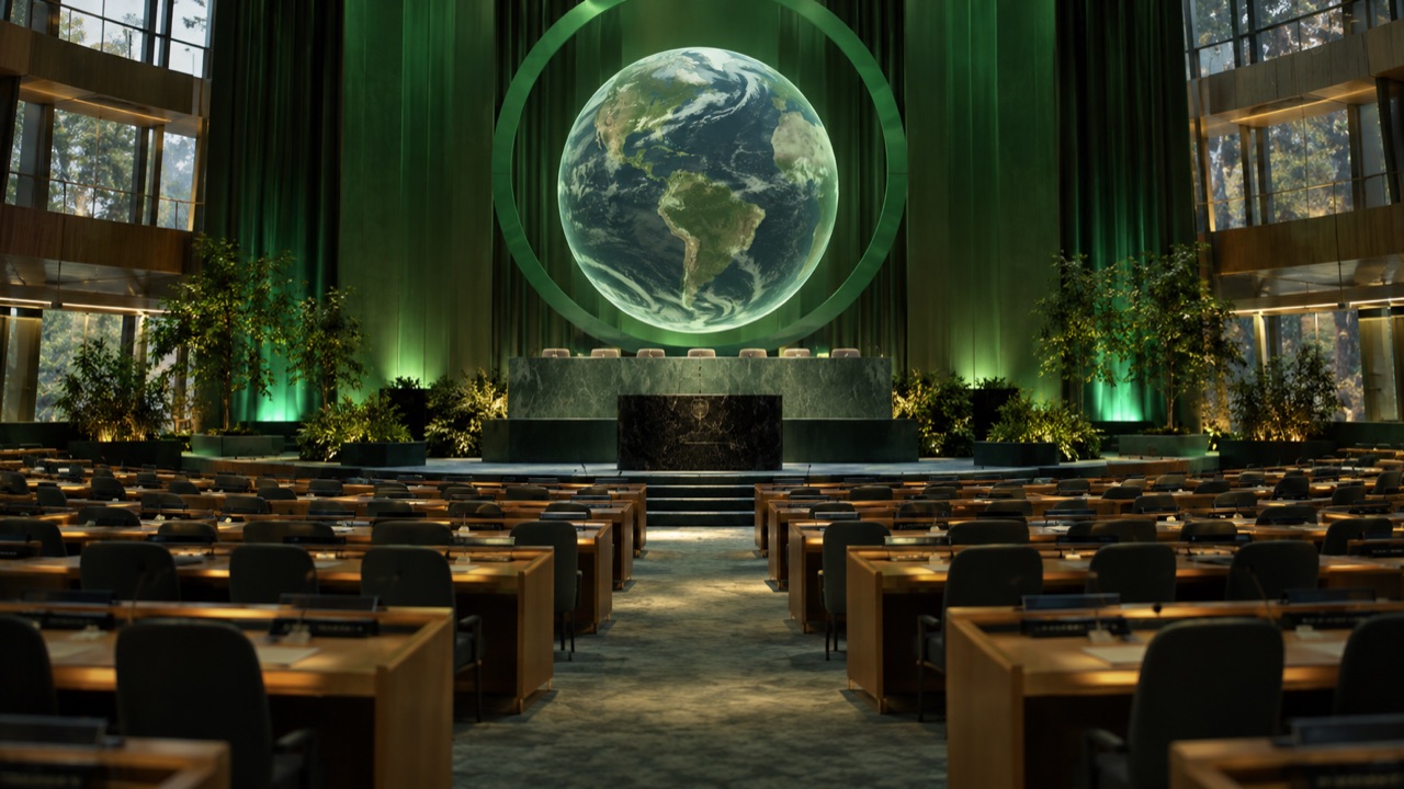 An empty international climate summit hall; conceptual illustration, not a photograph of a forecast event
