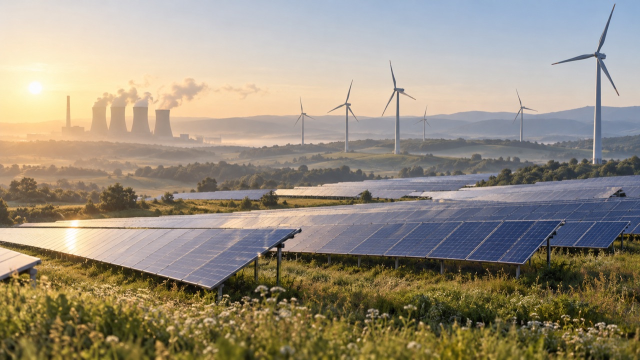 Solar panels and wind turbines facing a distant coal plant; conceptual illustration, not a photograph of a forecast event