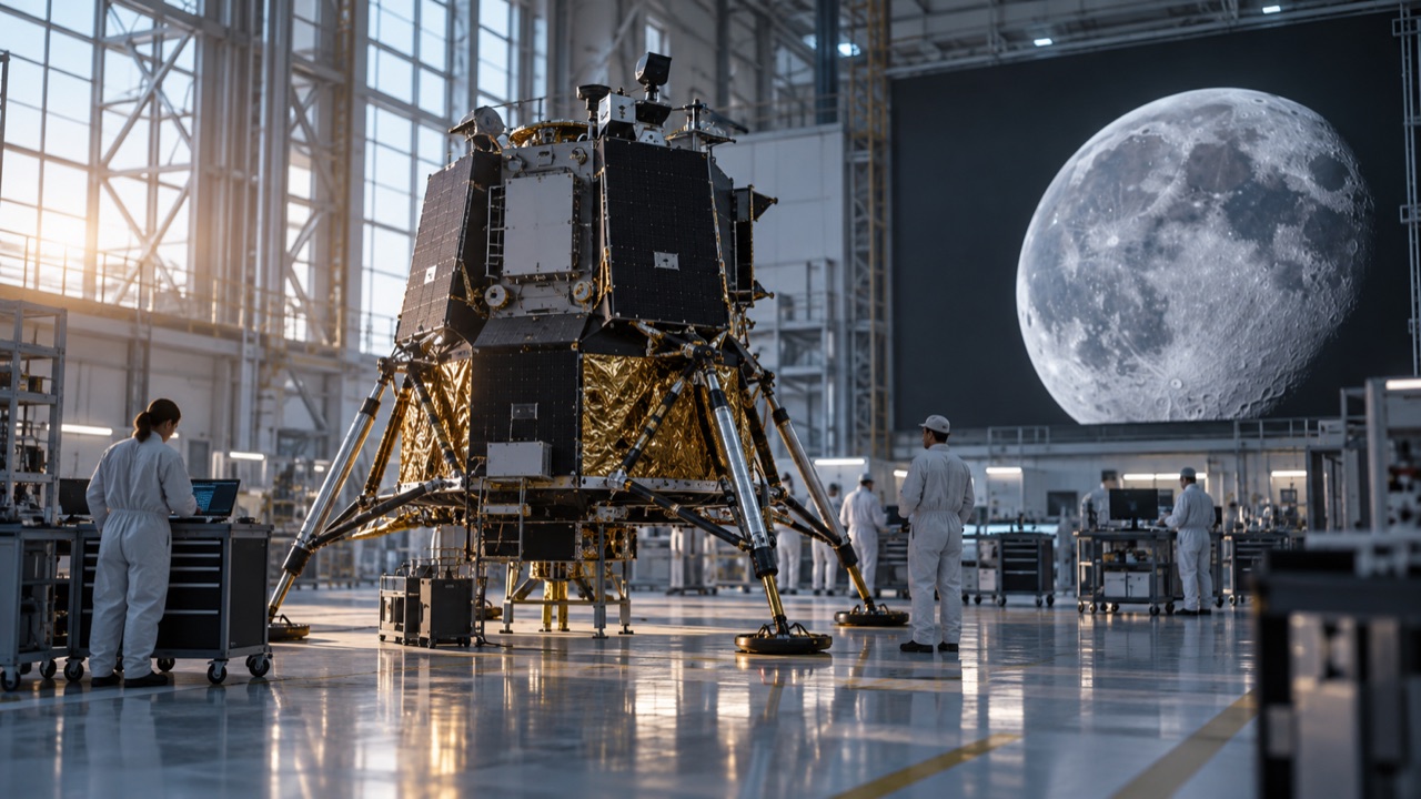 An uncrewed lunar lander in an assembly hangar; conceptual illustration, not a photograph of a forecast event