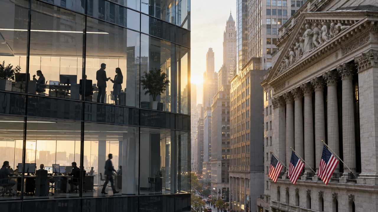 An AI company office beside a US stock exchange district; conceptual illustration, not a photograph of a forecast event