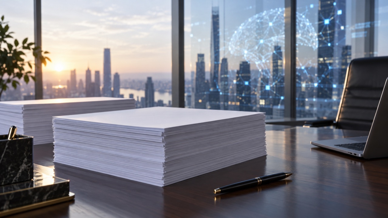 Blank IPO prospectus pages in a technology office; conceptual illustration, not a photograph of a forecast event