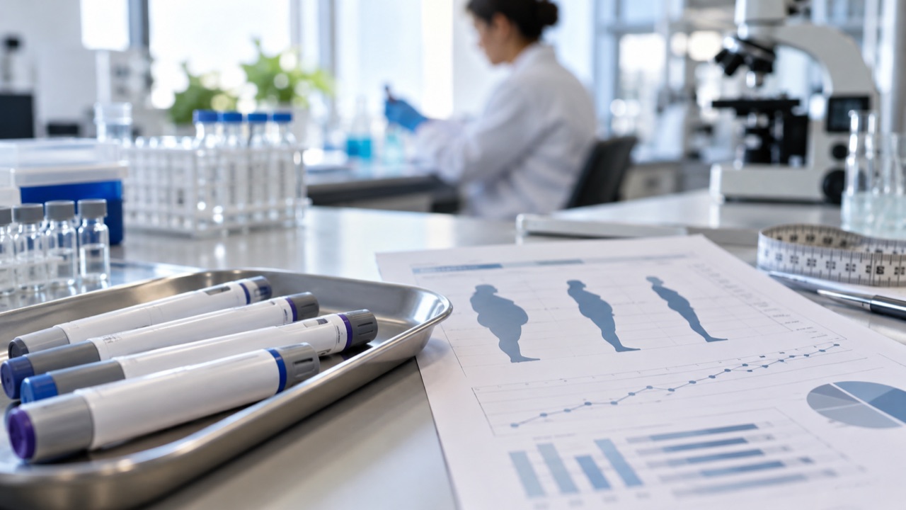 Unbranded injection pens in a clinical research laboratory; conceptual illustration, not a photograph of a forecast event