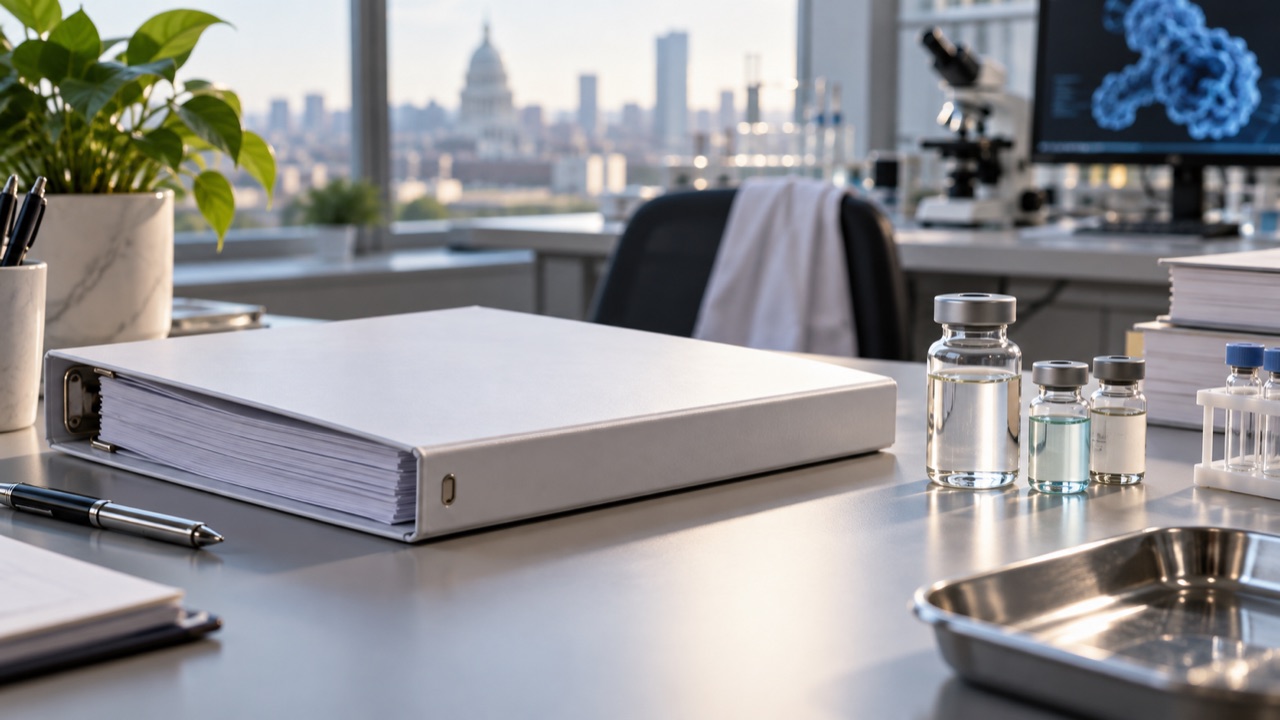 Generic medicine vials beside a regulatory submission binder; conceptual illustration, not a photograph of a forecast event