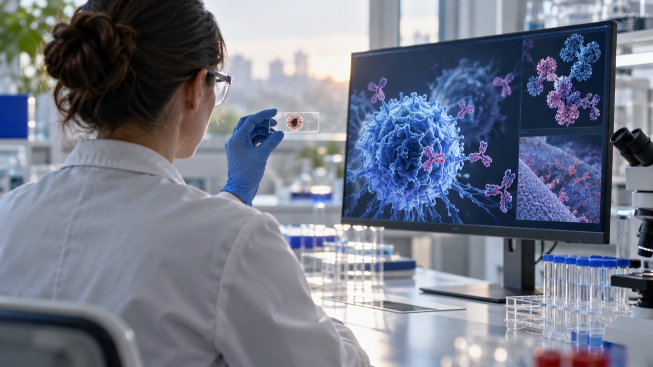 A scientist examining personalized melanoma research; conceptual illustration, not a photograph of a forecast event
