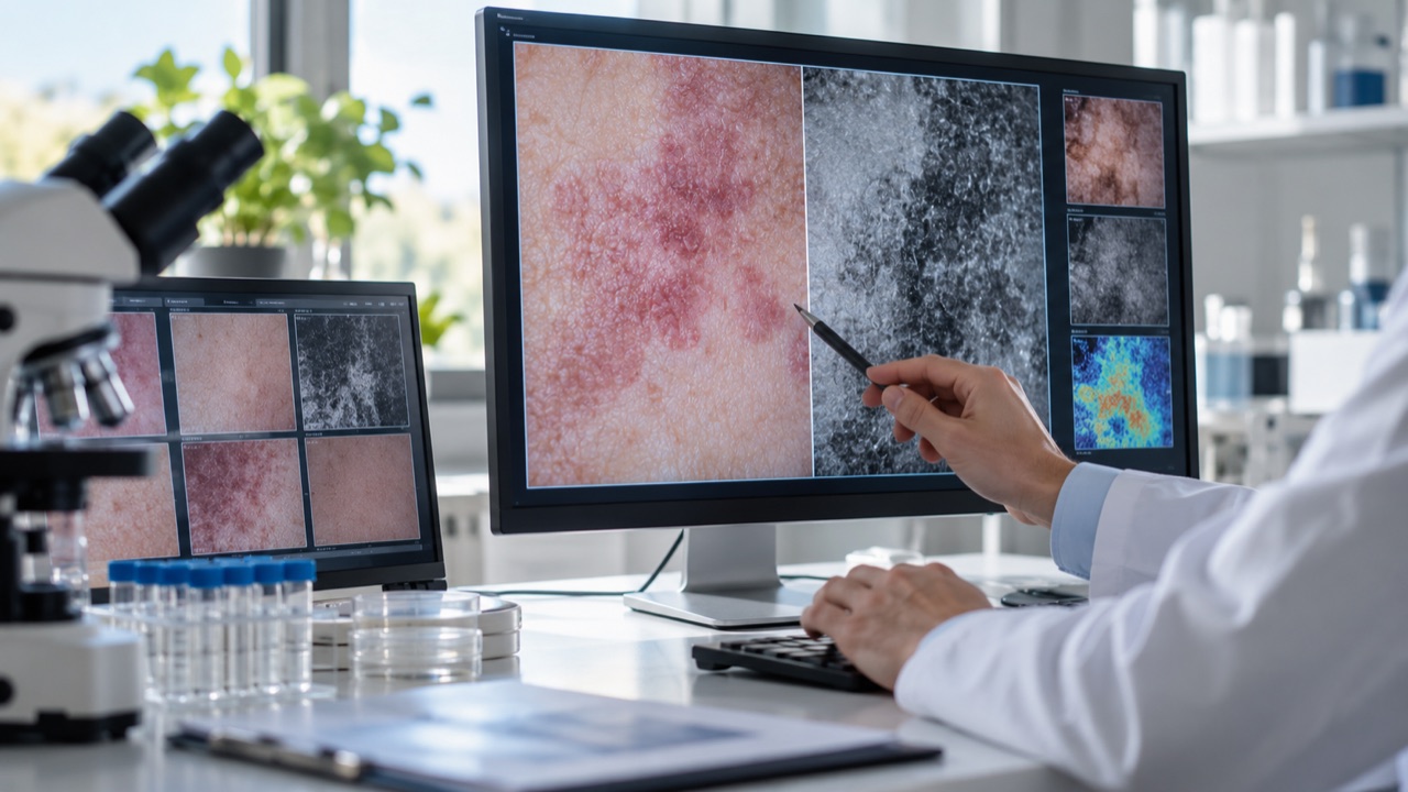 Skin-imaging research for a lupus treatment trial; conceptual illustration, not a photograph of a forecast event