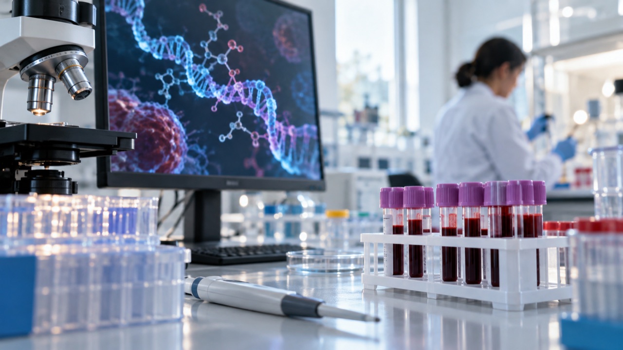 Blood samples and RNA research in a hematology laboratory; conceptual illustration, not a photograph of a forecast event
