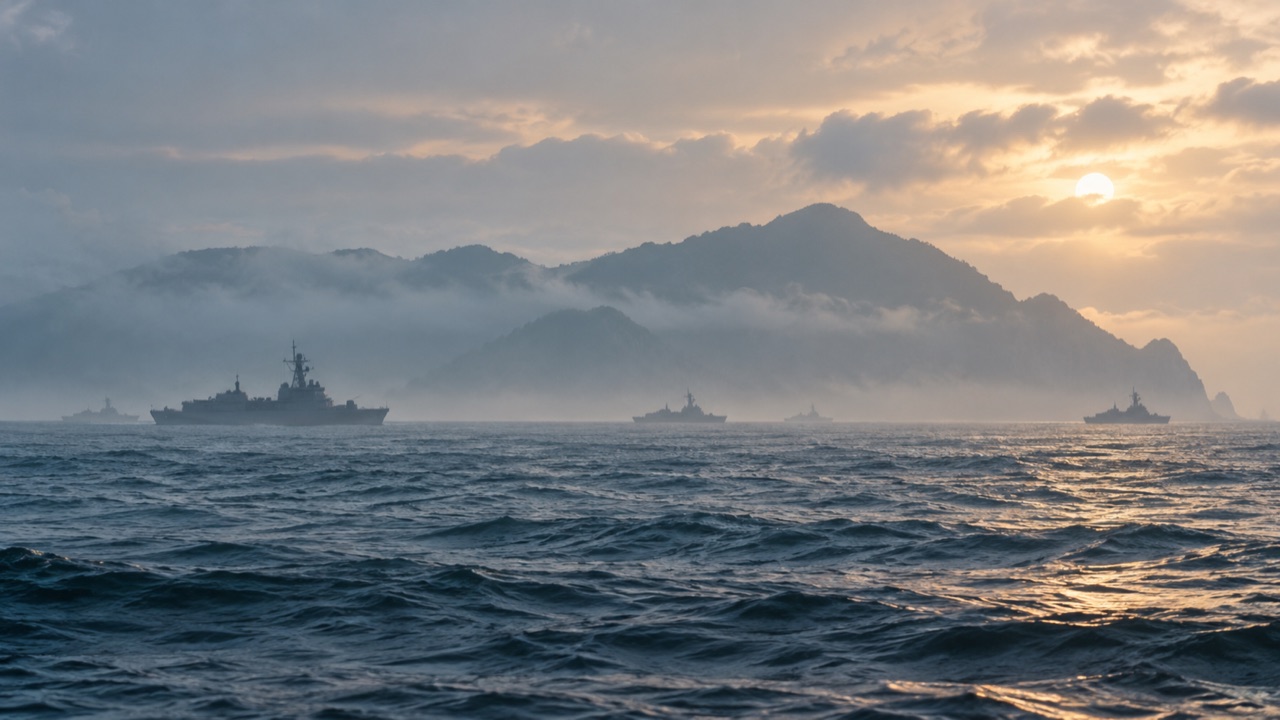 Distant naval silhouettes off a misty Taiwan coast; conceptual illustration, not a photograph of a forecast event