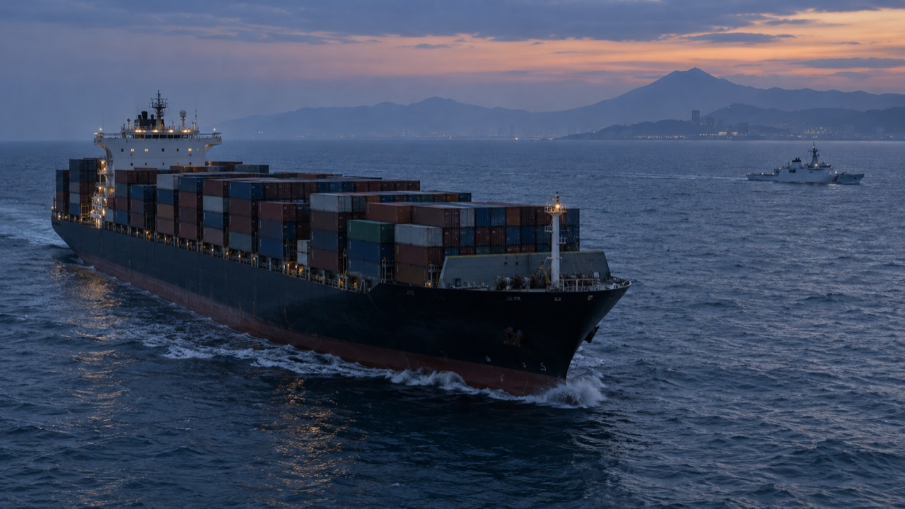 A Taiwan-bound cargo vessel and a patrol ship at sea; conceptual illustration, not a photograph of a forecast event