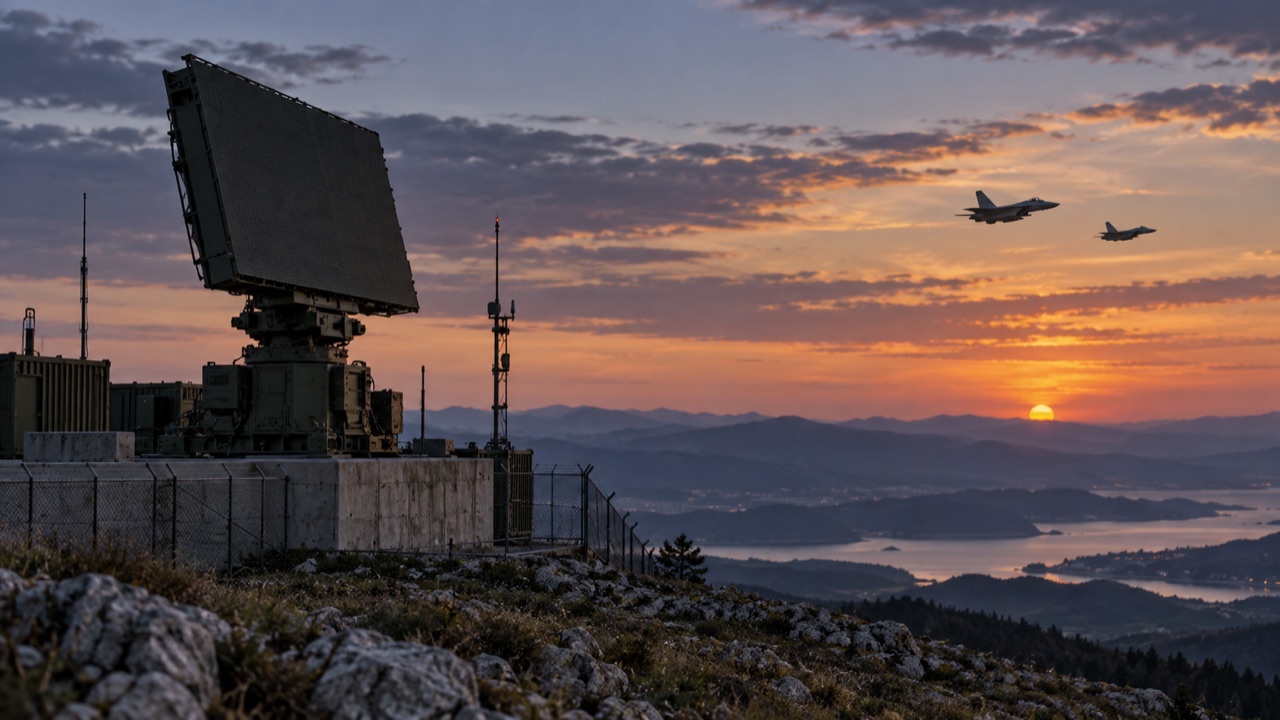 An air-defense radar and distant military aircraft; conceptual illustration, not a photograph of a forecast event