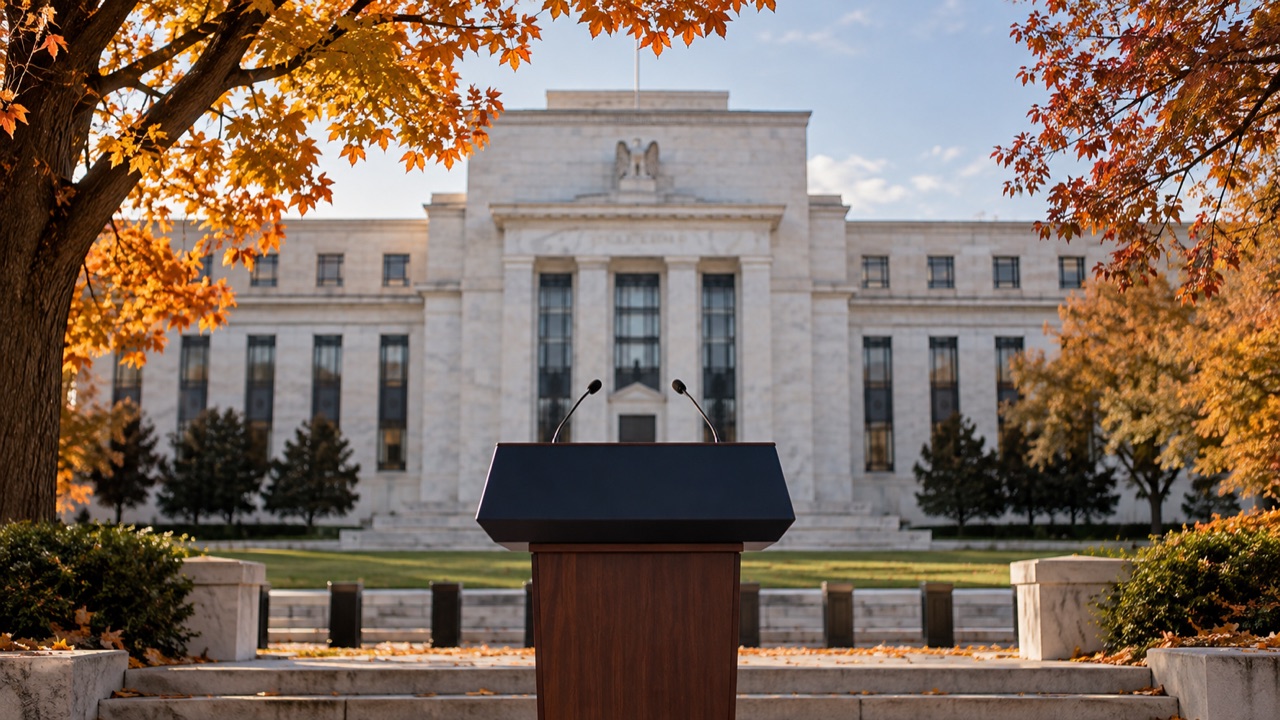 An empty briefing podium outside the Federal Reserve; conceptual illustration, not a photograph of a forecast event