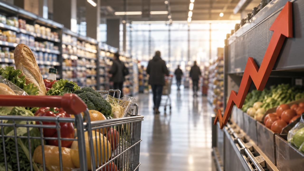 A supermarket aisle illustrating euro-area inflation; conceptual illustration, not a photograph of a forecast event