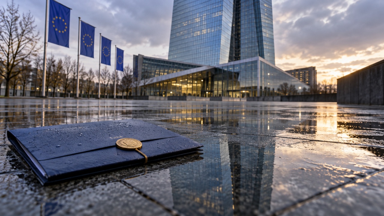 The European Central Bank in wet evening light; conceptual illustration, not a photograph of a forecast event