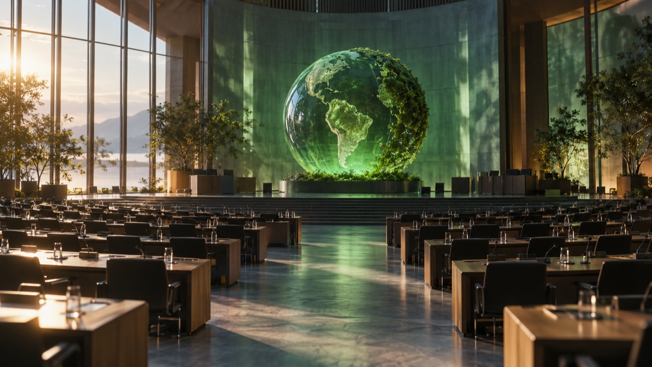 An empty international climate summit hall after a meeting; conceptual illustration, not a photograph of a forecast event