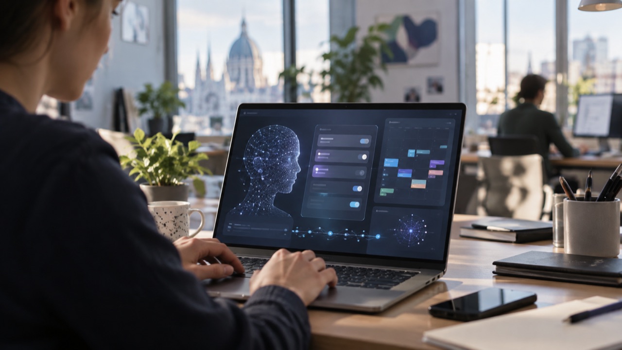 A developer working on AI transparency software; conceptual illustration, not a photograph of a forecast event