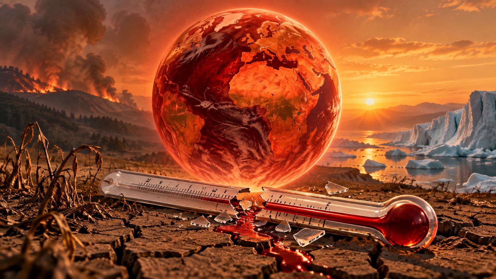 Concept illustration of a red globe above a broken temperature scale; not documentation of an actual forecast event