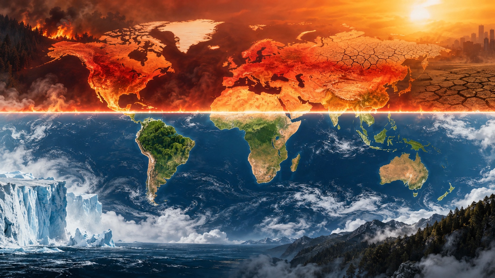 Concept illustration of a world map split by a 1.5 degree line; not documentation of an actual forecast event