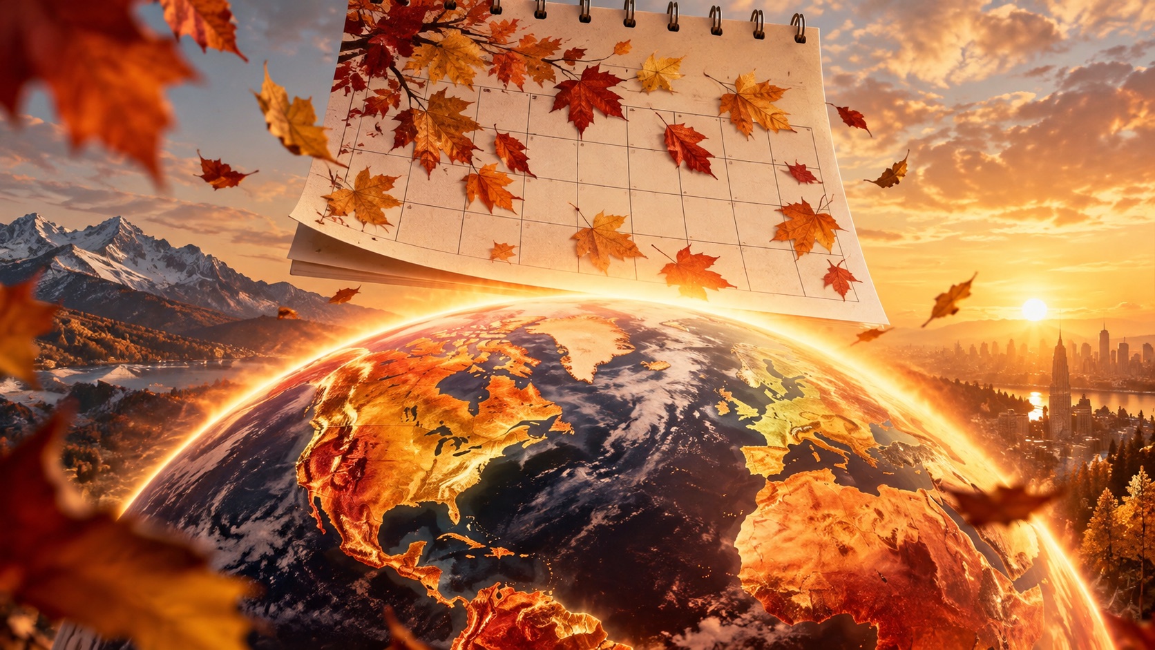 Concept illustration of October calendar above a glowing globe; not documentation of an actual forecast event